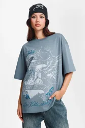 Ed Hardy Brave Hearts Oversize T-Shirt - Blue Washed XS Damen