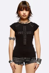 Minga London Metal Mercy Geripptes T-Shirt - Black XS Damen
