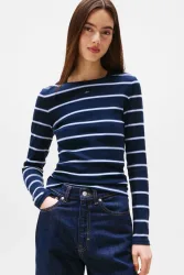 Tommy Jeans Geripptes Langarmshirt - Dark Night Navy S Damen
