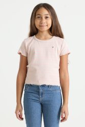 Tommy Hilfiger Geripptes Crop T-Shirt - Classic Beige + Pink Sugar 14 Kids