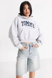 Tommy Jeans VTG Varsity 1 Crop Kapuzensweatshirt - Silver Grey Heather M Damen