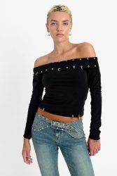 The Ragged Priest Off Shoulder Crop Langarmshirt - Black M Damen