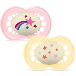 MAM Night Nuggi Silikon, 6-16 Monate, gelb/pink (2 Stk)