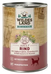WILDES LAND Adult Rind mit Süsskartoffeln, Heidelbeeren, Wildkräutern & Distelöl, Nassfutter für Hunde (400g)