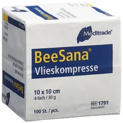 BeeSana Vlieskompressen 10x10cm, 30g/m2, unsteril, ohne RX, 4-fach (100 Stk)