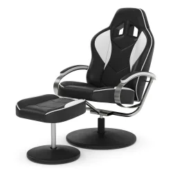 Fernsehsessel Leder mit Fusshocker weiss/schwarz