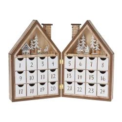 LED Adventskalender Holzhaus braun/weiss