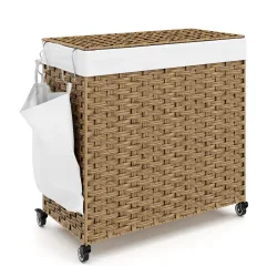 Wäschekorb Rattan mit Deckel 3 Fächer 129L braun