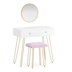 Schminktisch mit Hocker und Spiegel APHRODITE 80 x 40 cm weiss/gold/rosa