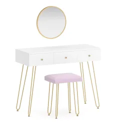 Schminktisch mit Hocker und Spiegel APHRODITE 100 x 40 cm weiss/gold/rosa