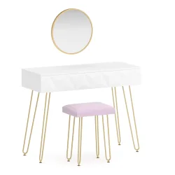 Schminktisch mit Hocker und Spiegel ELEONORA 100 x 40 cm weiss/gold/rosa