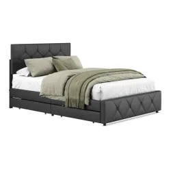 Lederbett RESTORA mit 4 Schubladen 140 x 200 cm schwarz