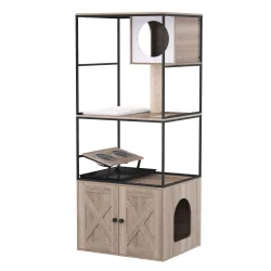 Katzenbaum mit Katzentoilette und Fressstation 146 cm natur