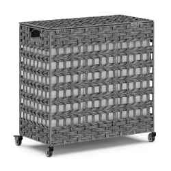 Wäschekorb Rattan mit Deckel 3 Fächer 140L grau