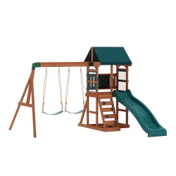 Spielturm Holz mit Doppelschaukel und Rutsche natur/grün