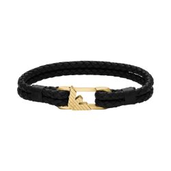 Emporio Armani Herren Armband EGS3245710 . Geflochtenes Leder Schwarz . Gold-Akzent
