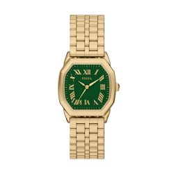 Fossil Damen Uhr ES5451 – Elegante goldene Armbanduhr mit grünem Zifferblatt und römischen Ziffern