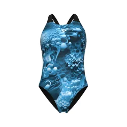 Arena W Arena Blue Flowers Swimsuit V Back Badeanzug Damen, blau, Grösse: D 34