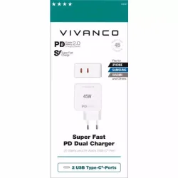 Vivanco SuperFast Charger 2Port 45W Universelles, ultraschnelles PD DUAL USB-Ladegerät, 45W – USB C Kabel/Adapter/Ladegerät