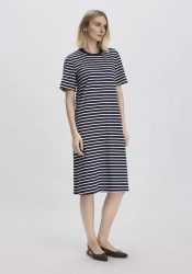 hessnatur Damen Streifen Heavy Jersey Slub Kleid Knielang Relaxed aus Bio-Baumwolle - blau Grösse36