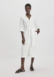 hessnatur Damen Kleid Midi Relaxed aus TENCEL Lyocell mit Leinen - weiß Grösse34