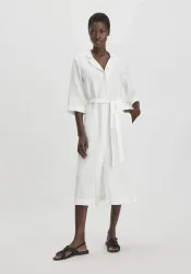 hessnatur Damen Kleid Midi Relaxed aus TENCEL Lyocell mit Leinen - weiß - Größe 34