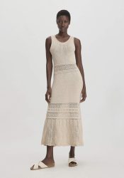 hessnatur Damen Ajour Strick Kleid Midi Fitted aus Bio-Baumwolle - beige Grösse42