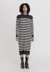 hessnatur Damen Strickkleid Streifen Midi Relaxed aus Bio-Baumwolle und weicher Schurwolle - schwarz GrösseXS