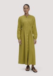 hessnatur Damen Hemdblusenkleid mit Taillierung Maxi aus Bio-Baumwolle Leinen - grün Grösse36