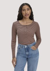 hessnatur Damen Softrib Longsleeve Streifen Henley Fitted aus Bio-Baumwolle und TENCEL™ Modal - rosa Grösse44