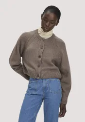 hessnatur Damen Strick Jacke Relaxed Cropped aus Bio-Merinowolle mit Bio-Baumwolle - braun - Größe XL
