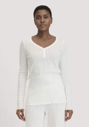 hessnatur Damen Pointelle Henley Schlafshirt PURE COTTON aus Bio-Baumwolle - weiß Grösse40