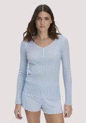 hessnatur Damen Pointelle Henley Schlafshirt PURE COTTON aus Bio-Baumwolle - blau Grösse48