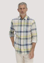 hessnatur Herren Karo Hemd Regular aus Bio-Baumwolle mit Leinen - blau GrösseL (41/42)