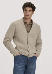 hessnatur Herren Double-Knit Cardigan Regular aus Bio-Baumwolle und Bio-Merinowolle mit recycelter Wolle - beige GrösseS