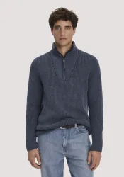 hessnatur Herren Double Knit Troyer Regular aus Bio-Baumwolle, Bio-Merinowolle und recycelter Wolle - blau - Größe M