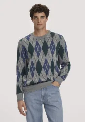 hessnatur Herren Argyle Strickpullover Regular aus Schurwolle und Bio-Baumwolle - grau - Größe S