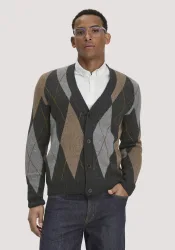 hessnatur Herren Argyle Strick Cardigan Regular aus Schurwolle und Bio-Baumwolle - grau - Größe M