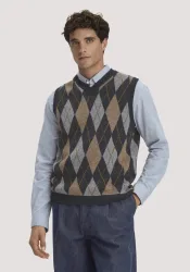 hessnatur Herren Argyle Strick-Pullunder Regular aus Schurwolle und Bio-Baumwolle - grau - Größe M
