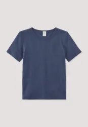 hessnatur Kinder  Kurzarmshirt aus Bio-Merinowolle mit Seide - blau - Größe 134/140