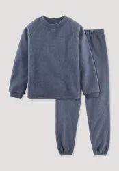 hessnatur Kinder  Fleece Pyjama Regular aus Bio-Baumwolle - blau - Größe 110/116