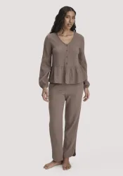 hessnatur Damen Musselin Schlafhose Regular PURE COMFORT aus Bio-Baumwolle - braun - Größe 34