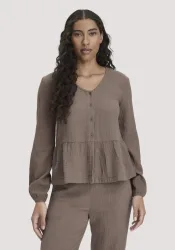 hessnatur Damen Musselin Pyjamabluse PURE COMFORT aus Bio-Baumwolle - braun - Größe 42