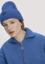 hessnatur Damen Strick Mütze aus Bio-Baumwolle mit Schurwolle und recycelter Wolle - blau Grösse1size