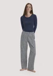 hessnatur Damen Flanell Schlafhose PURE COTTON - blau - Größe 44