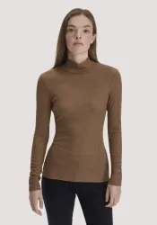 hessnatur Damen Mock-Neck Longsleeve WARM TOUCH aus Bio-Schurwolle und TENCEL? Lyocell - braun - Größe 44