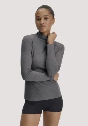 hessnatur Damen Mock-Neck Longsleeve WARM TOUCH aus Bio-Schurwolle und TENCEL? Lyocell - grau - Größe 38