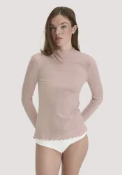 hessnatur Damen Mock-Neck Longsleeve Pointelle aus Bio-Merinowolle - rosa - Größe 40