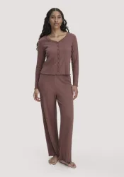 hessnatur Damen Pointelle Schlafhose PURE COTTON aus Bio-Baumwolle - braun - Größe 34