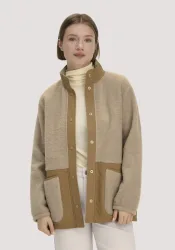 hessnatur Damen Wolfleece Jacke Patch Relaxed aus Bio-Merinowolle - beige - Größe L